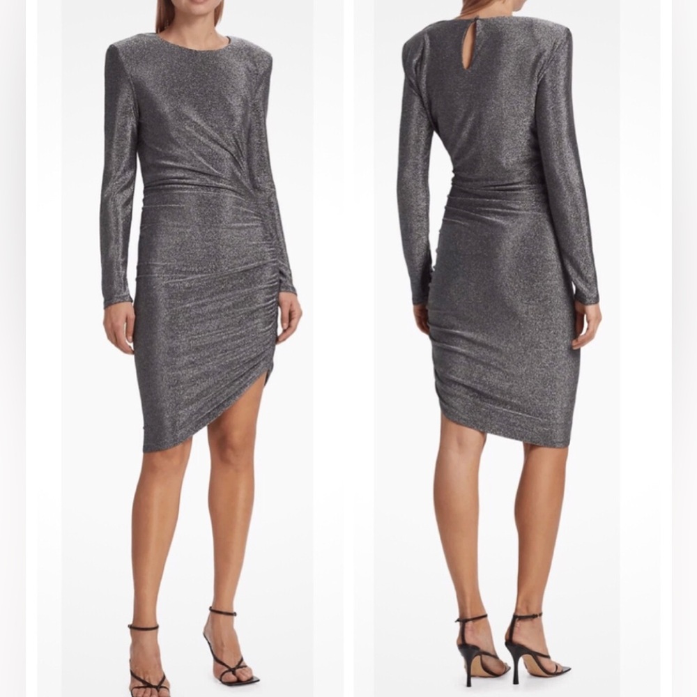 Veronica Pearl Metallic Silver Asymmetrical Ruched Long-Sleeve Gunmetal Dress XS